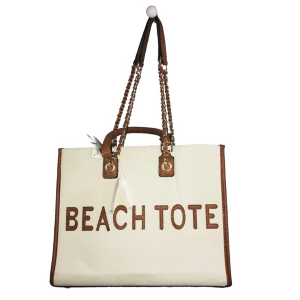 Cee Klein canvas brown trim gold chain strap crossbody ‘beach tote’ tote bag - Picture 3 of 16